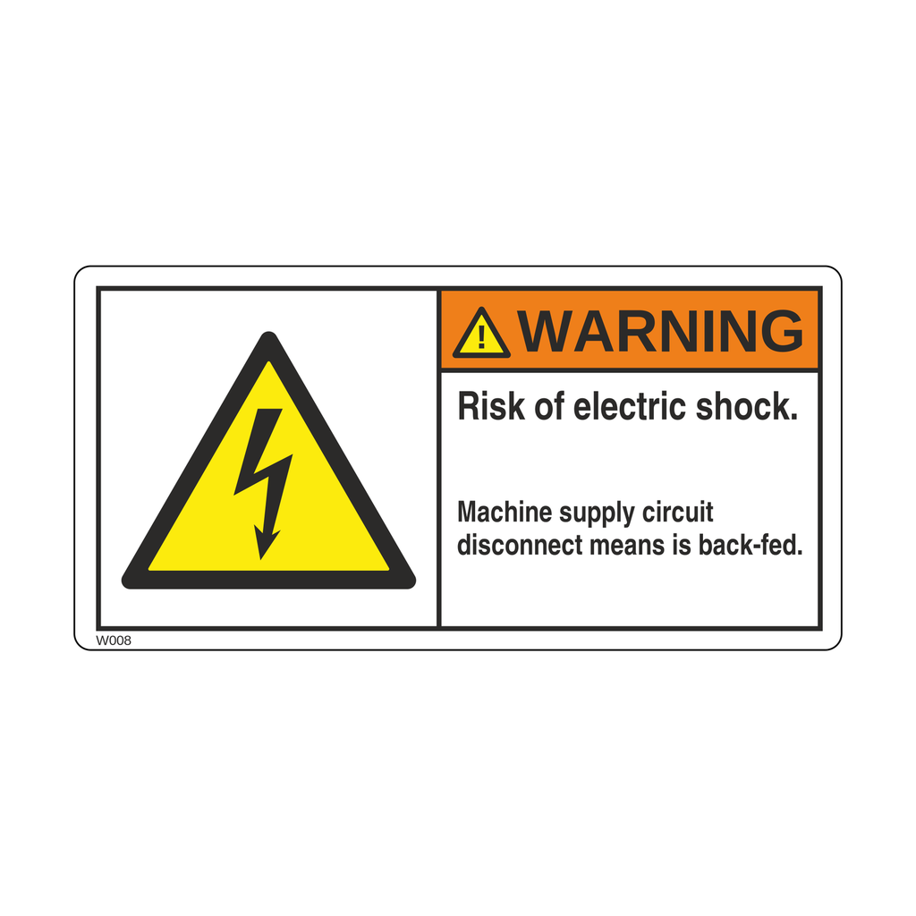 W008 - Risk of electric shock, Machine supply circuit disconnect means is back-fed